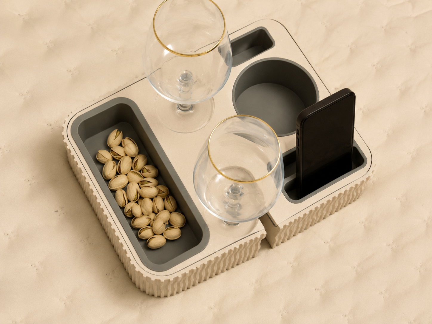Bed & Couch Snack Tray Organizer | Wine Glass Holder, Snack Bowl & Phone Stand for Movie Night