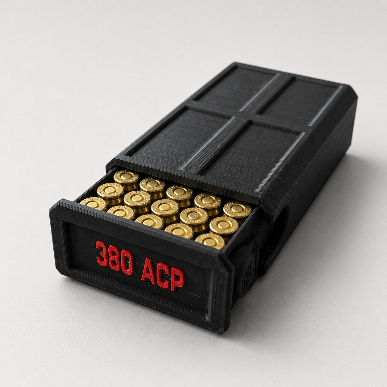 380 ACP Ammo Storage Box – 50 Round 2-Color Sliding Ammo Case with Stackable Lid - Image 2